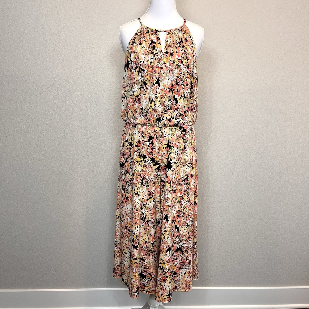 London Times Floral Halter Capri Jumpsuit Wide Leg Keyhole Sz 10 Boho Resortwear